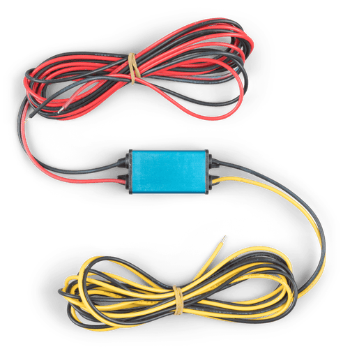 Top-down view of blue IP67 DC-DC converter with 1.8 metre input and output cables