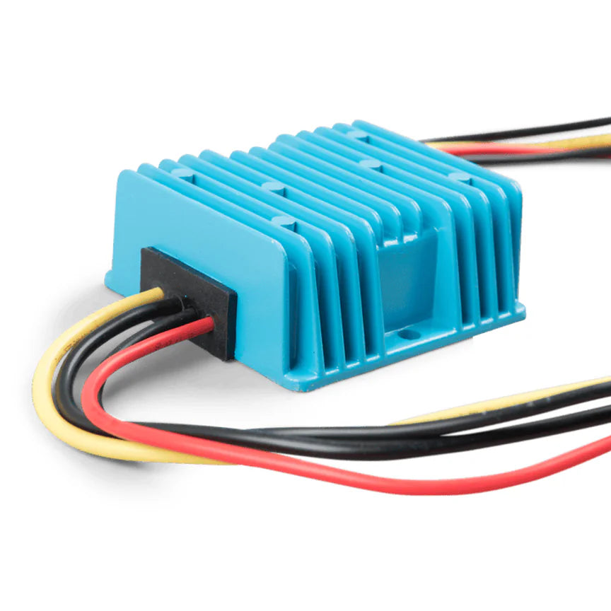 Close-up of the cable entry point on the blue aluminium casing of the Victron Orion DC-DC converter