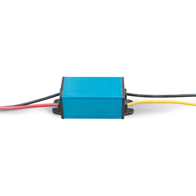 Close-up side view of the blue aluminium enclosure for the Orion DC-DC converter