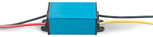 Close-up side view of the blue aluminium enclosure for the Orion DC-DC converter