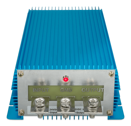 Top perspective of a blue 100A DC-DC converter highlighting the cooling fins