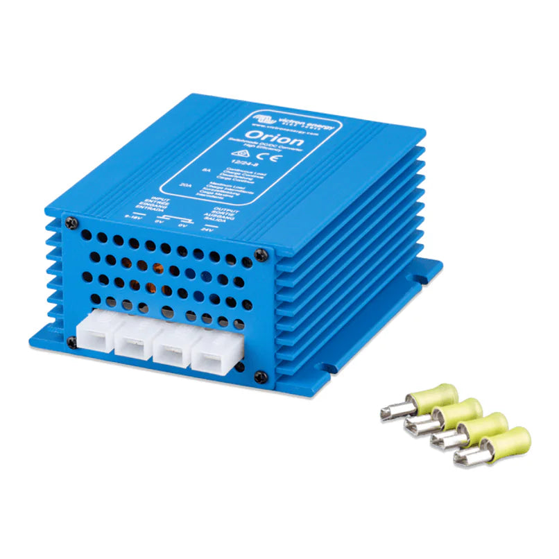 Side perspective of a blue non-isolated DC-DC converter showing heat dissipation fins