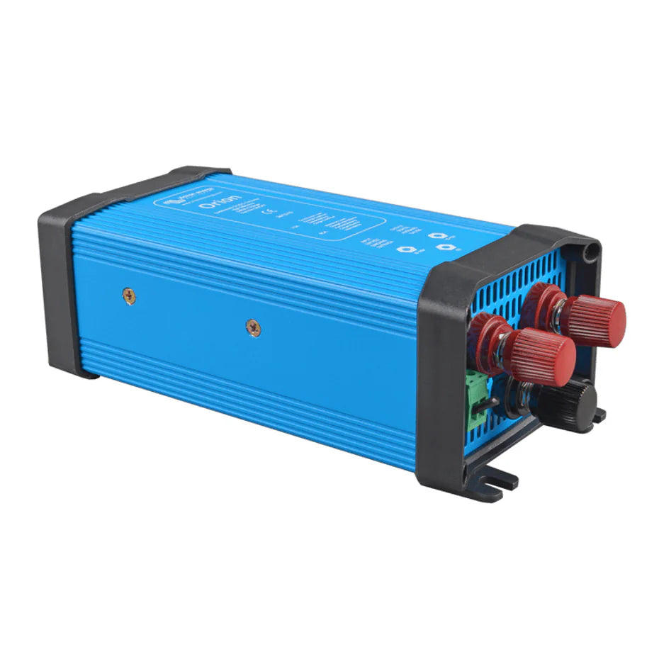 Perspective view of the blue Orion 24V to 12V DC-DC converter with mounting flanges