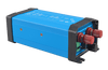 Perspective view of the blue Orion 24V to 12V DC-DC converter with mounting flanges