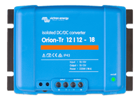Top-down view of Victron Orion-Tr 12V 18A isolated DC-DC converter showing terminals and status LED