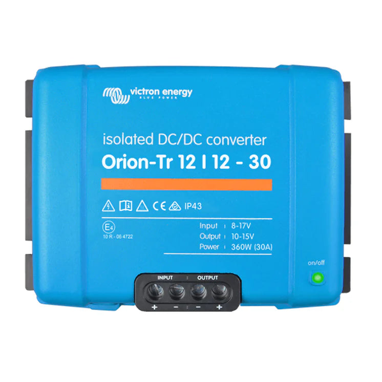 Front view of blue Victron Orion-Tr 12/12-30A isolated DC-DC converter with screw terminals
