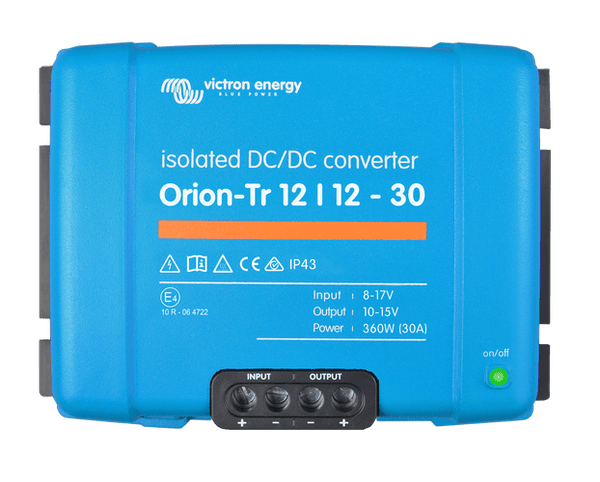 Front view of blue Victron Orion-Tr 12/12-30A isolated DC-DC converter with screw terminals
