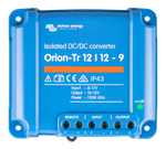 Front view of blue Victron Orion-Tr 12/12-9 isolated DC-DC converter showing technical labels