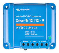 Front view of blue Victron Orion-Tr 12/12-9 isolated DC-DC converter showing technical labels