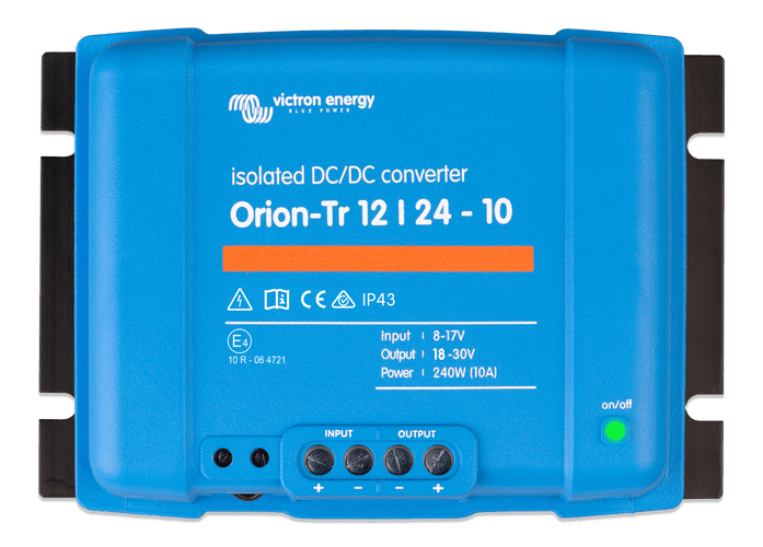 Front view of the blue Victron Orion-Tr 12 to 24V isolated DC-DC converter with terminal markings