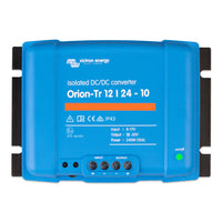 Front view of the blue Victron Orion-Tr 12 to 24V isolated DC-DC converter with terminal markings