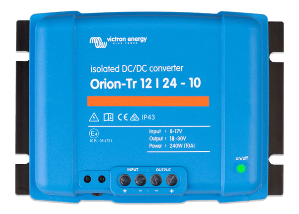 Front view of the blue Victron Orion-Tr 12 to 24V isolated DC-DC converter with terminal markings