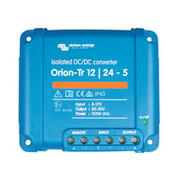 Top-down view of blue Victron Orion-Tr 12V to 24V isolated DC-DC converter with screw terminals