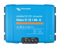 Front view of a blue Victron Orion-Tr 12/48-8 isolated DC-DC converter showing technical labels