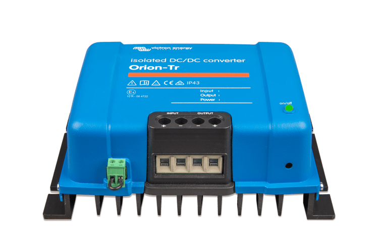Angled view of the Victron Orion-Tr converter showing lower screw terminals and cooling heatsink