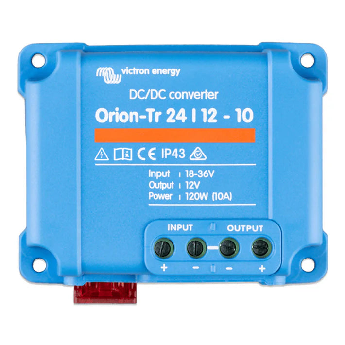 Front view of Victron Orion-Tr 24/12-10 DC-DC converter showing terminal markings