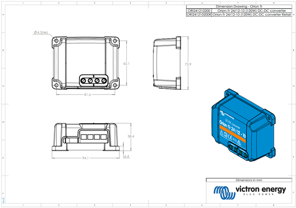 Technical dimensional drawing of Victron Orion-Tr 24/12-10 DC-DC converter in mm