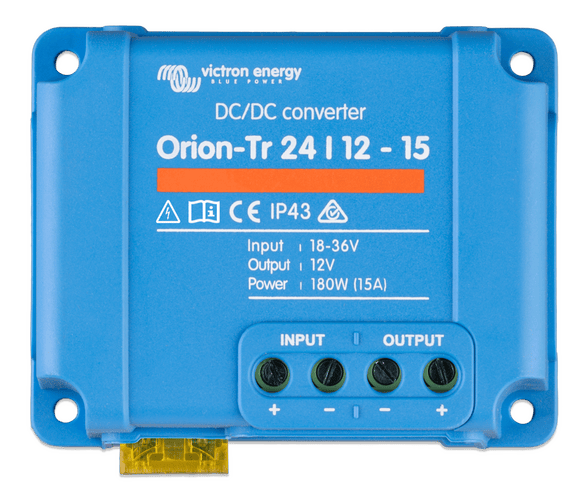 Top-down view of Victron Orion-Tr 24/12-15A DC-DC converter showing screw terminals