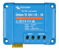 Top-down view of Victron Orion-Tr 24/12-15A DC-DC converter showing screw terminals