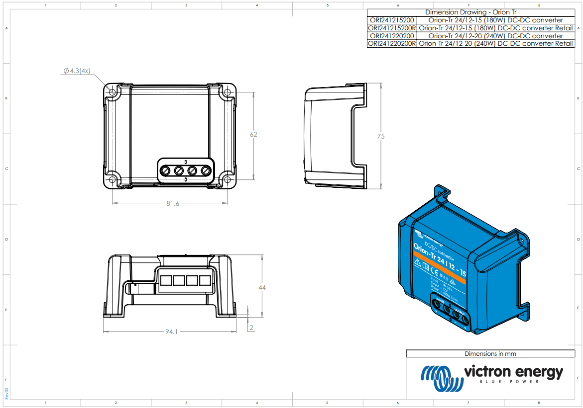 Technical dimensional drawing of the 24V to 12V 20A converter with measurements