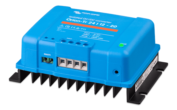 Right side angled view of the Victron Orion-Tr isolated converter showing heatsink and chassis