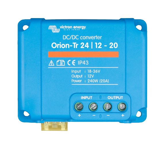 Front view of Victron Orion-Tr 24/12-20A DC-DC converter showing input and output terminals
