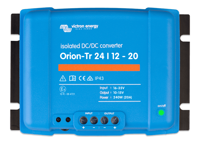 Blue Victron Orion-Tr 24/12-20 isolated DC-DC converter front view with terminal cover