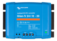Blue Victron Orion-Tr 24/12-20 isolated DC-DC converter front view with terminal cover