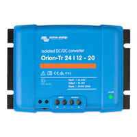 Blue Victron Orion-Tr 24/12-20 isolated DC-DC converter front view with terminal cover