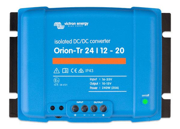 Blue Victron Orion-Tr 24/12-20 isolated DC-DC converter front view with terminal cover