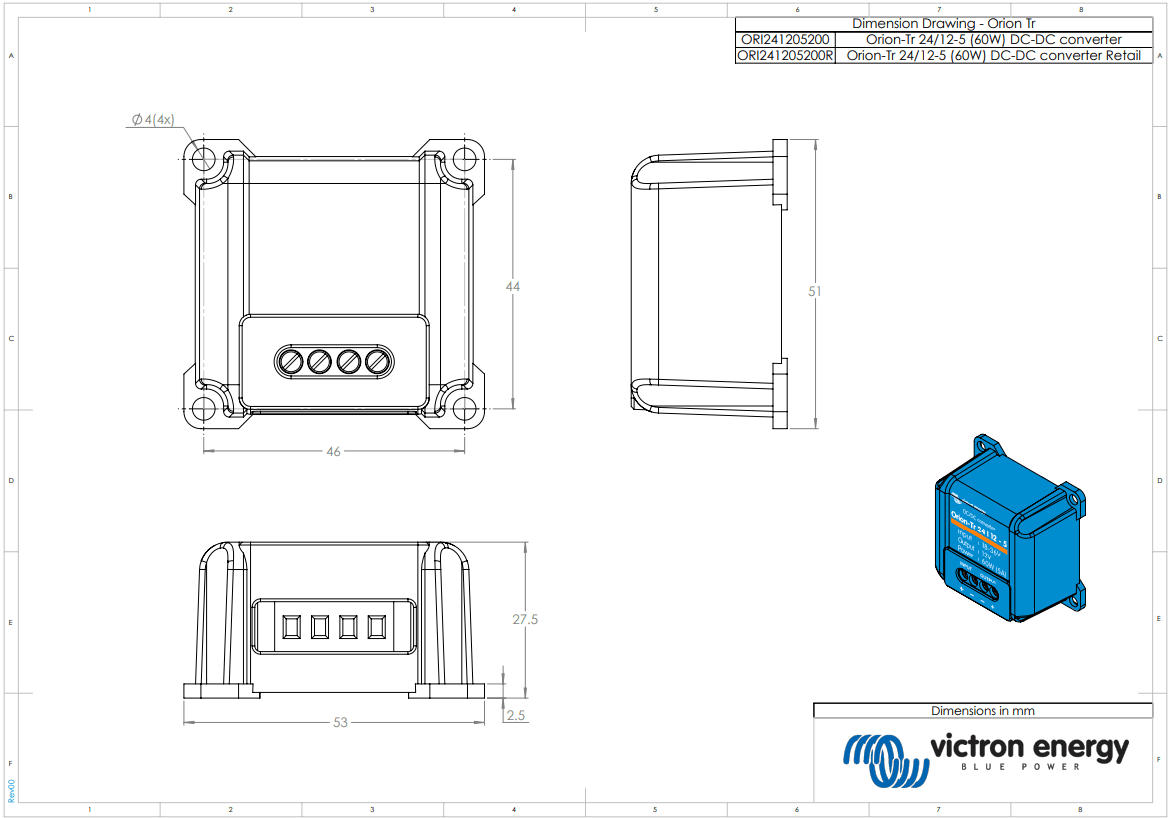 Dimensional drawing of Orion-Tr 24/12-5 converter showing 53x51x27mm measurements