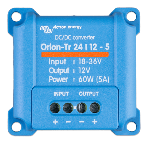 Top-down view of Victron Orion-Tr 24 to 12V DC-DC converter with screw terminals