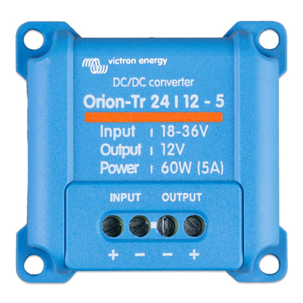 Top-down view of Victron Orion-Tr 24 to 12V DC-DC converter with screw terminals