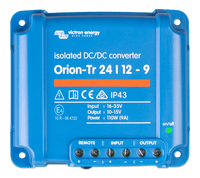 Top view of Victron Orion-Tr 24/12-9A isolated DC-DC converter with blue casing