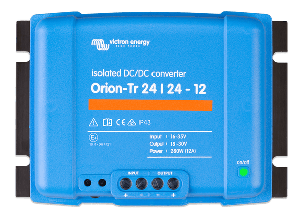 Front view of Victron Orion-Tr 24 to 24V isolated DC-DC converter with 12A output