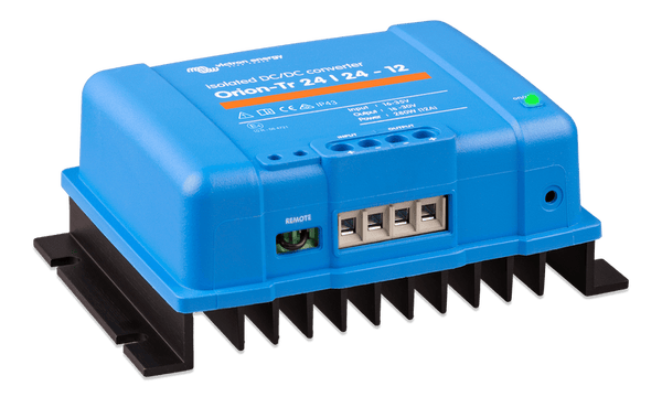 Angled side view of the DC-DC converter showing the product label and housing