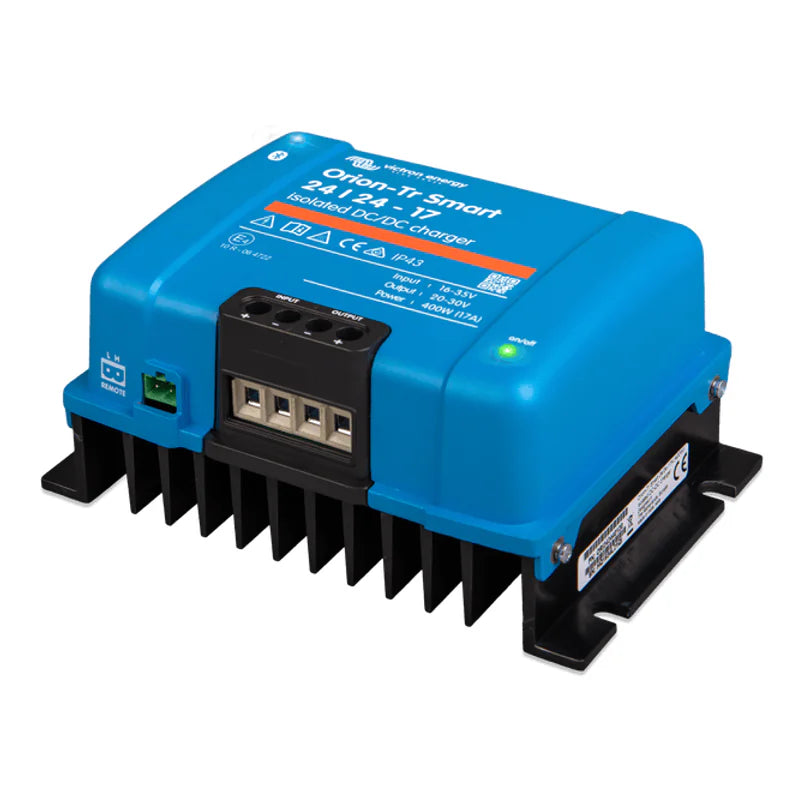 Perspective view of the blue Victron Orion-Tr Smart charger showing the heat sink and terminal port
