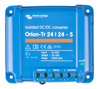 Front view of Victron Orion-Tr 24/24-5A isolated DC-DC converter with IP43 rating and status LED