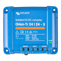 Front view of Victron Orion-Tr 24/24-5A isolated DC-DC converter with IP43 rating and status LED