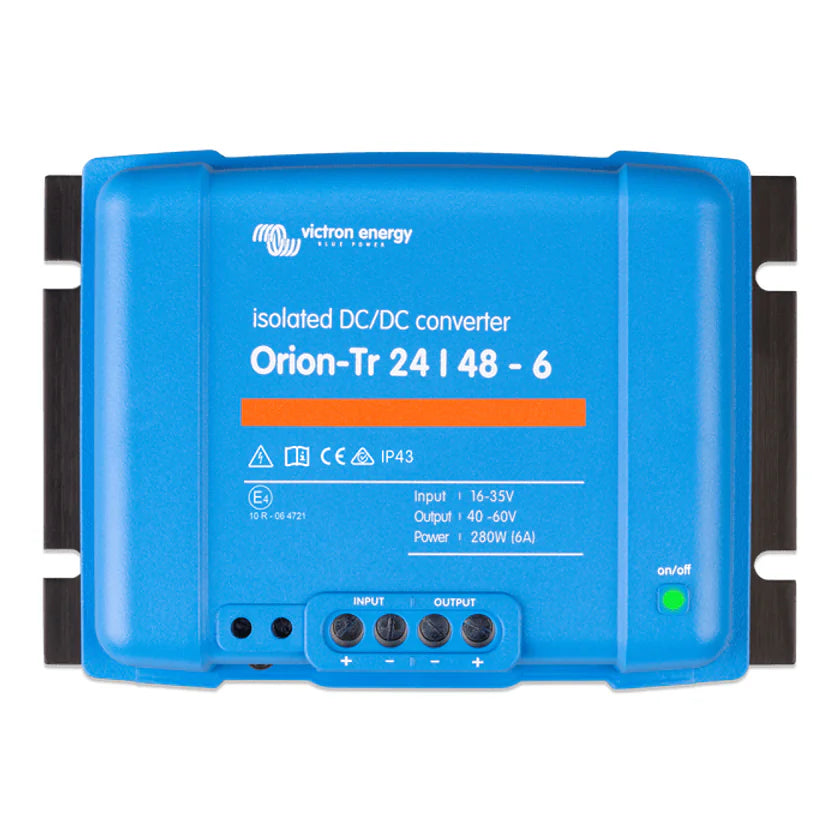 Front view of blue Victron Orion-Tr 24/48-6 isolated DC-DC converter with screw terminals