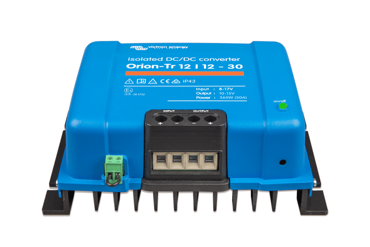 Angled view of 12V Victron Orion-Tr converter showing large black aluminium heatsink fins