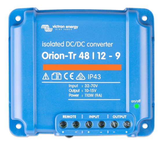 Front view of Victron Orion-Tr 48/12-9 isolated DC-DC converter with green status LED and screw terminals