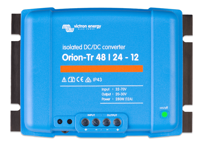 Front view of blue Victron Orion-Tr 48 to 24V 12A isolated DC-DC converter with screw terminals