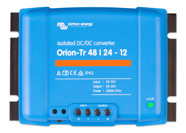 Front view of blue Victron Orion-Tr 48 to 24V 12A isolated DC-DC converter with screw terminals