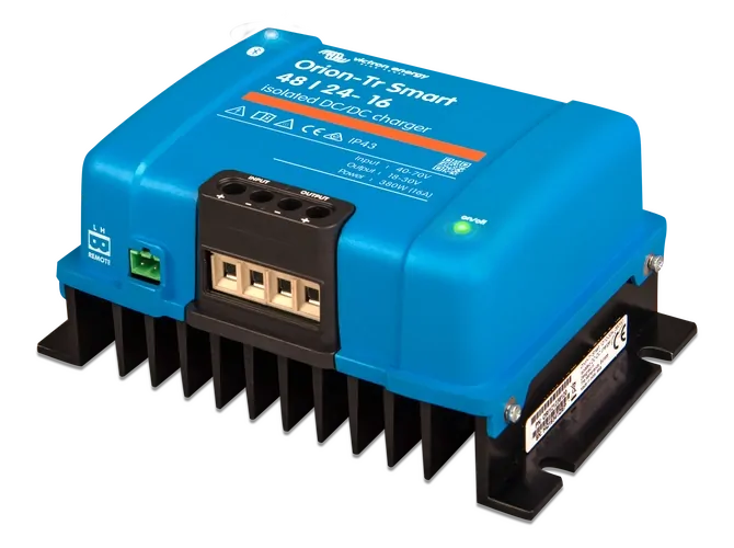 Side angle of blue Victron Orion-Tr charger showing cooling fins and screw terminals
