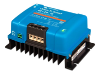 Side angle of blue Victron Orion-Tr charger showing cooling fins and screw terminals