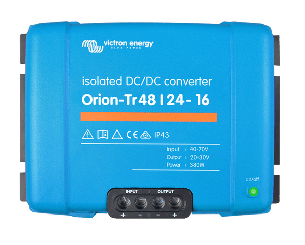 Top-down view of Victron Orion-Tr 48/24-16 isolated DC-DC converter with clear terminal markings