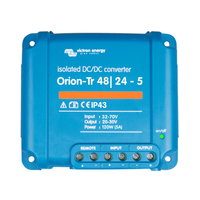 Front view of blue Victron Orion-Tr 48/24-5 isolated DC-DC converter showing screw terminal connections