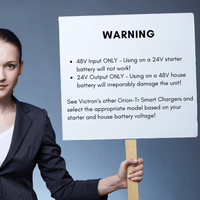 Safety warning graphic for Victron 48V to 24V Orion-Tr charger voltage requirements