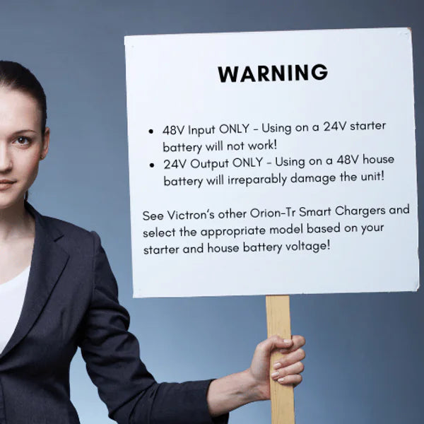 Safety warning graphic for Victron 48V to 24V Orion-Tr charger voltage requirements